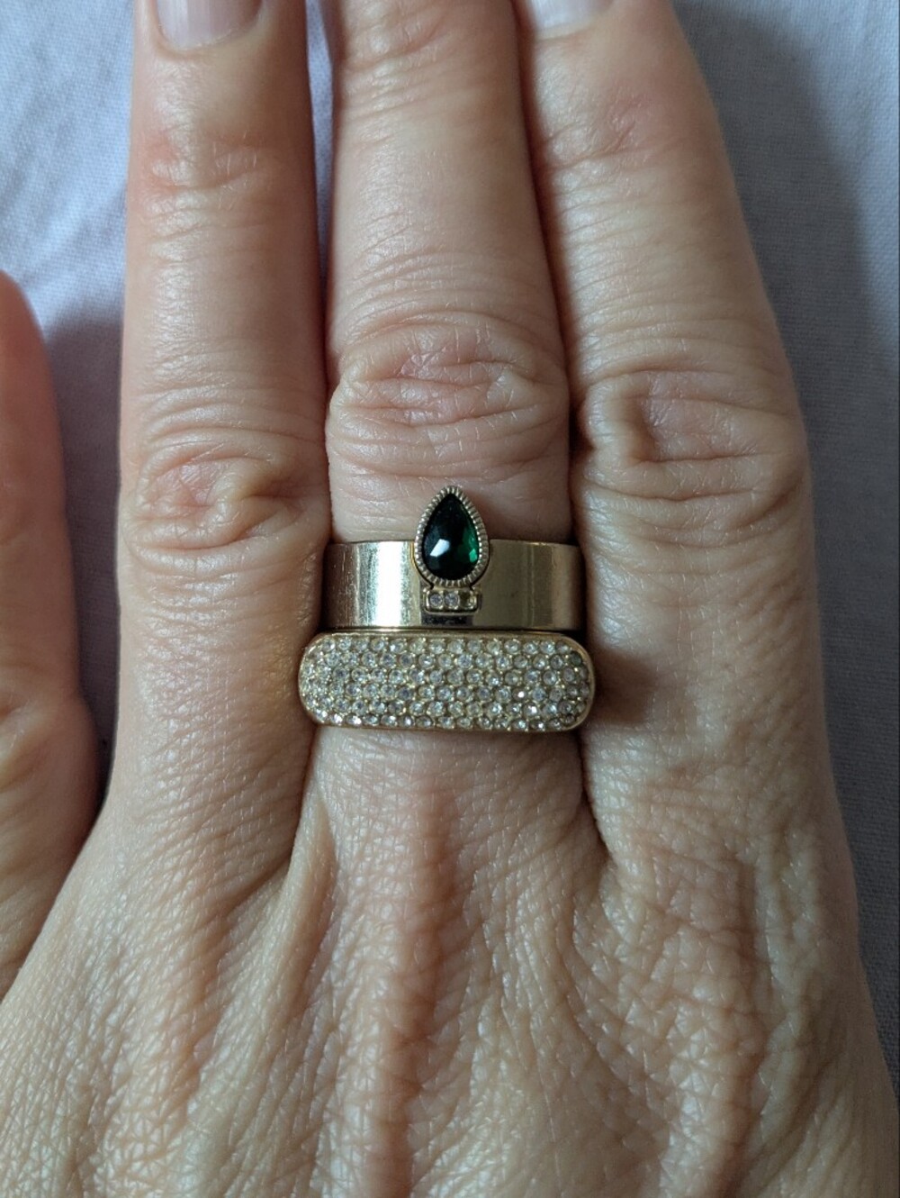 Fossil Gold Tone Pave Crystal Ring and Emerald Accent Ring - Picture 2 of 5